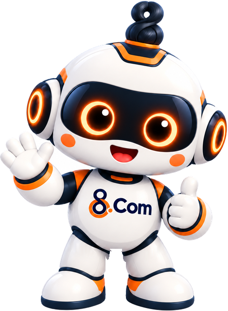 SarYin, the 8.Com robot mascot, waving